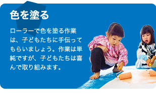 色を塗る ローラーで色を塗る作業は、子どもたちに手伝ってもらいましょう
