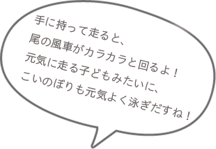 手に持って走ると、尾の風車がカラカラと回るよ!元気に走る子どもみたいに、こいのぼりも元気よく泳ぎだすね!