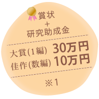 賞状+研究助成金 大賞30万円 佳作 10万円 (一般、乳児部門のすべての応募作品から)
