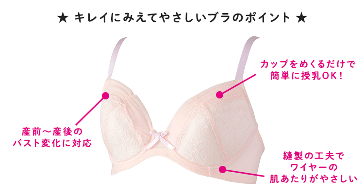 ★キレイにみえてやさしいブラのポイント★ 産前〜産後のバスト変化に対応 カップをめくるだけで 簡単に授乳OK! 縫製の工夫でワイヤーの肌あたりがやさしい